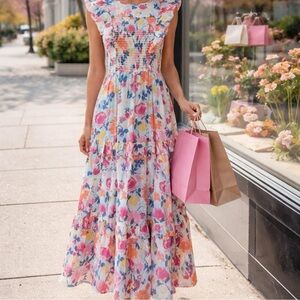 Banjanan Iris Floral Maxi Dress XS Smocked Cotton Tiered Boho Spring Pockets